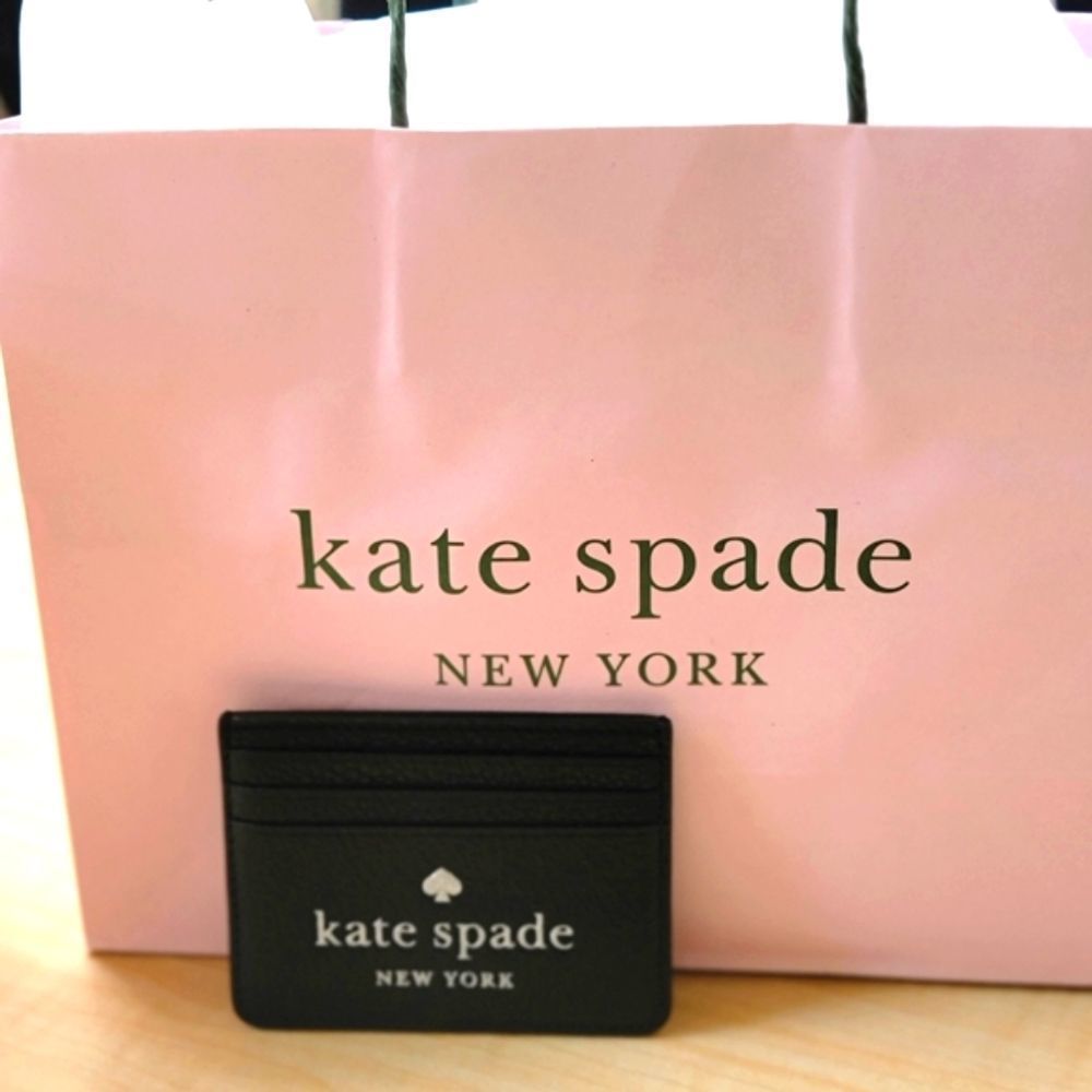 Kate Spade Slim Black Card Holder Glitter Embossed Leather NWT